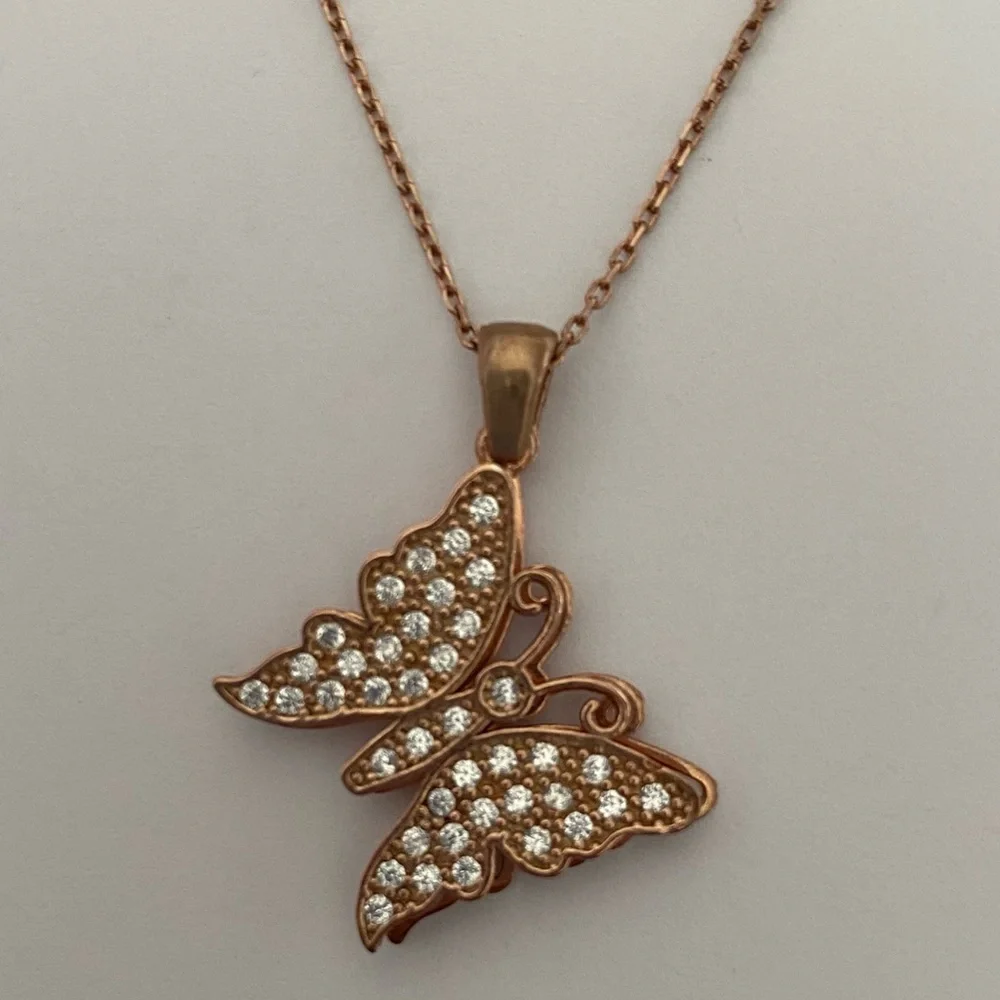 925 Silver butterfly necklace clear cz 14k rose gold plated